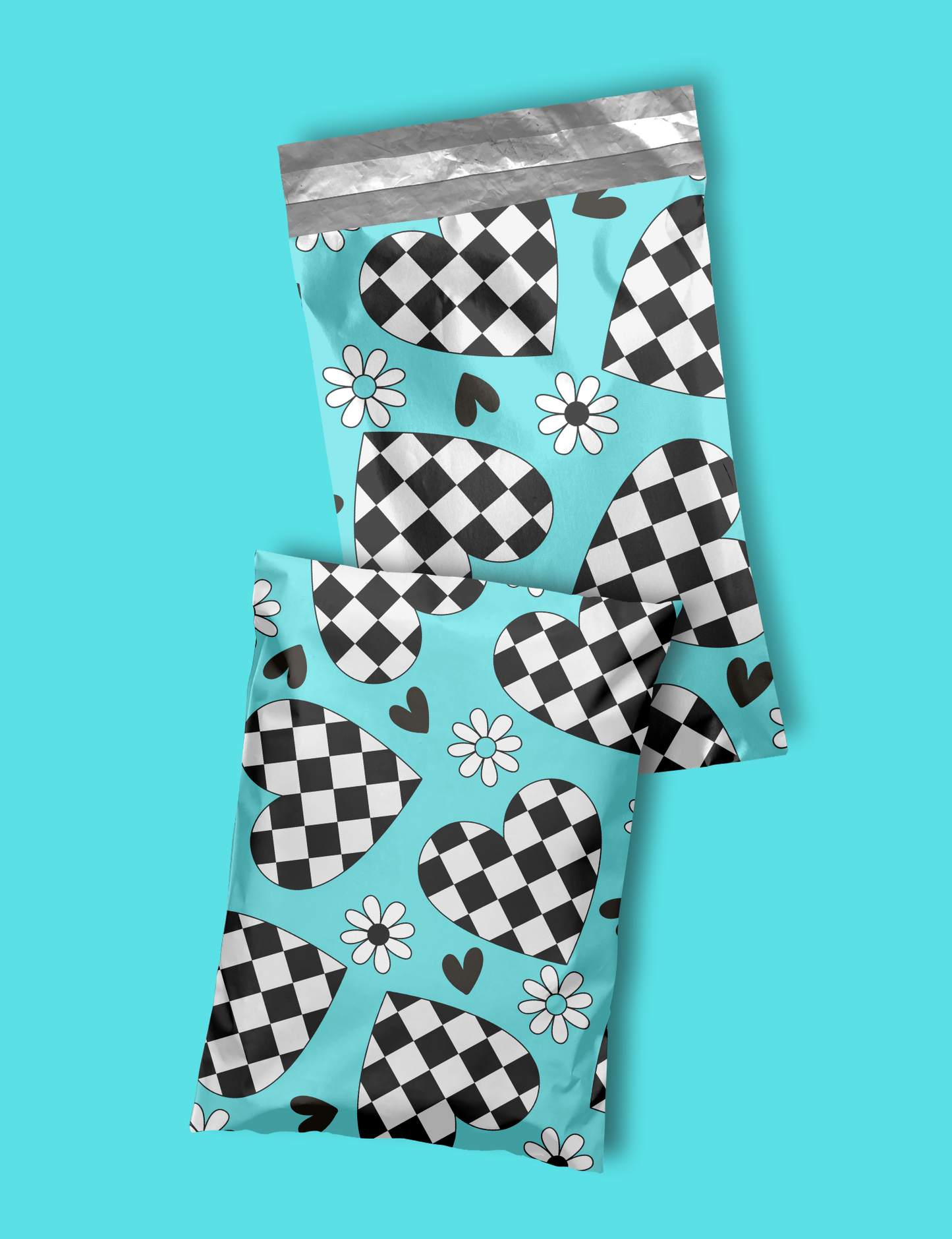 10" x 13" Turquoise Checkered Heart Poly Mailers, western shipping supplies