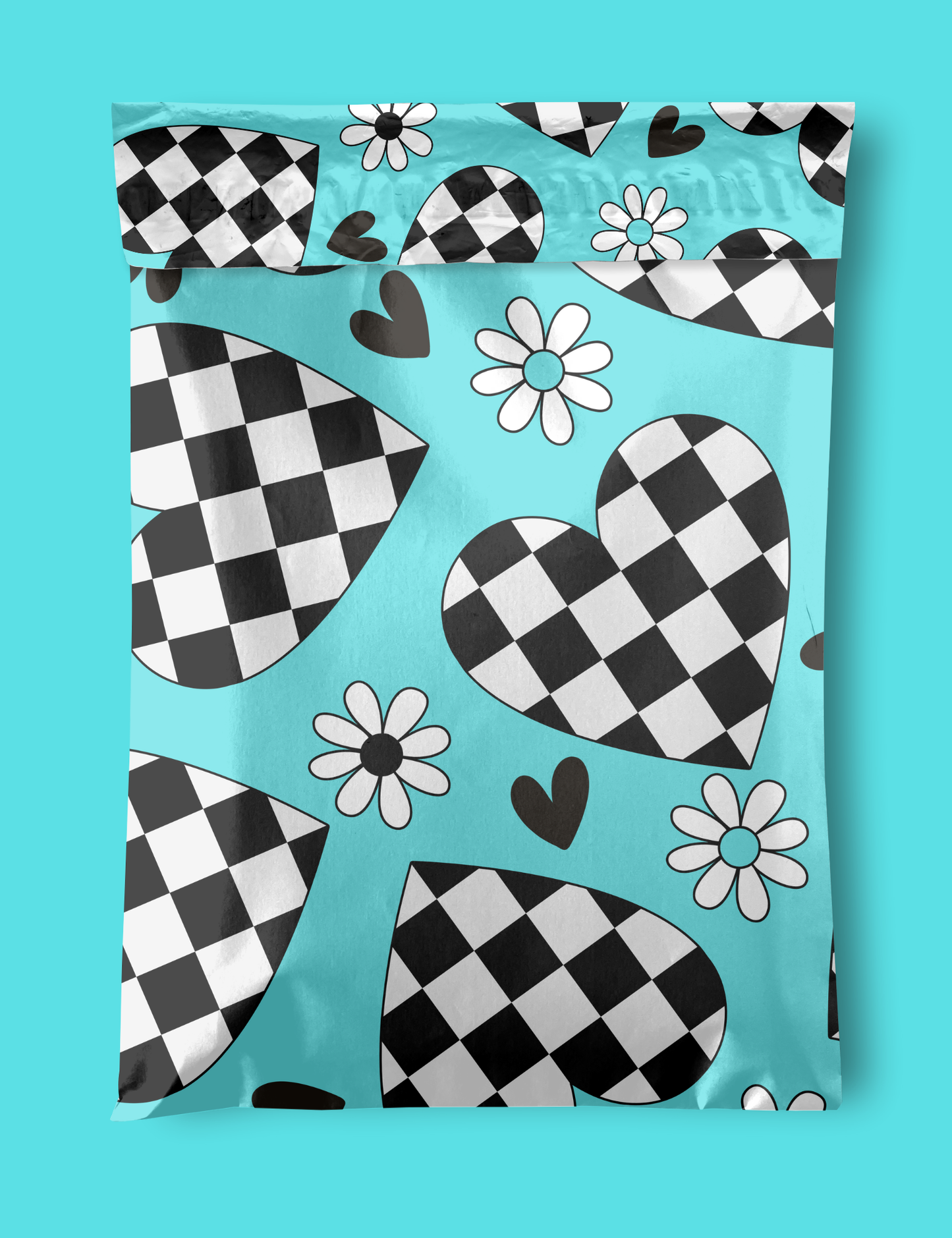 10" x 13" Turquoise Checkered Heart Poly Mailers, western shipping supplies