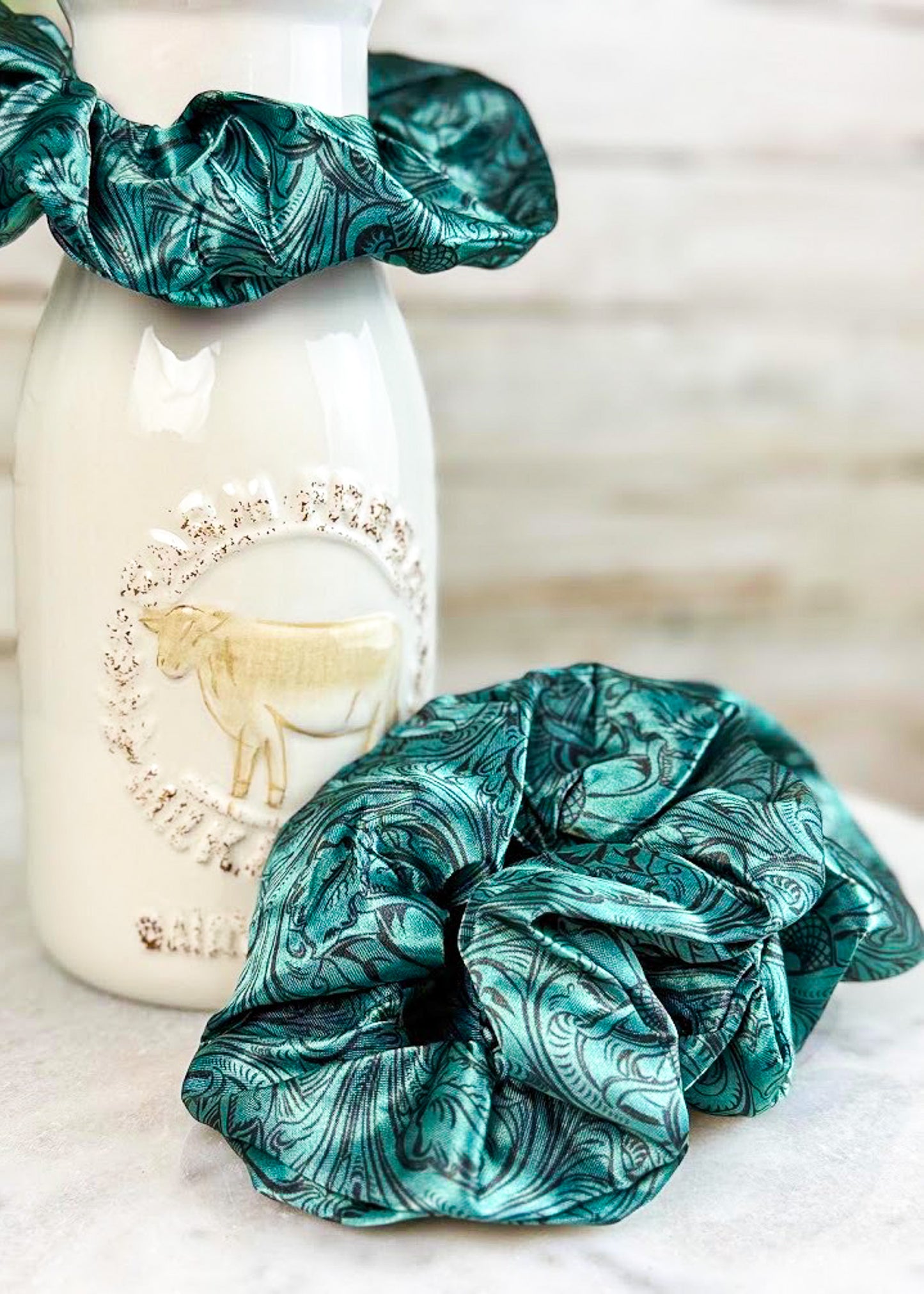 Teal Tooled Silky Scrunchie