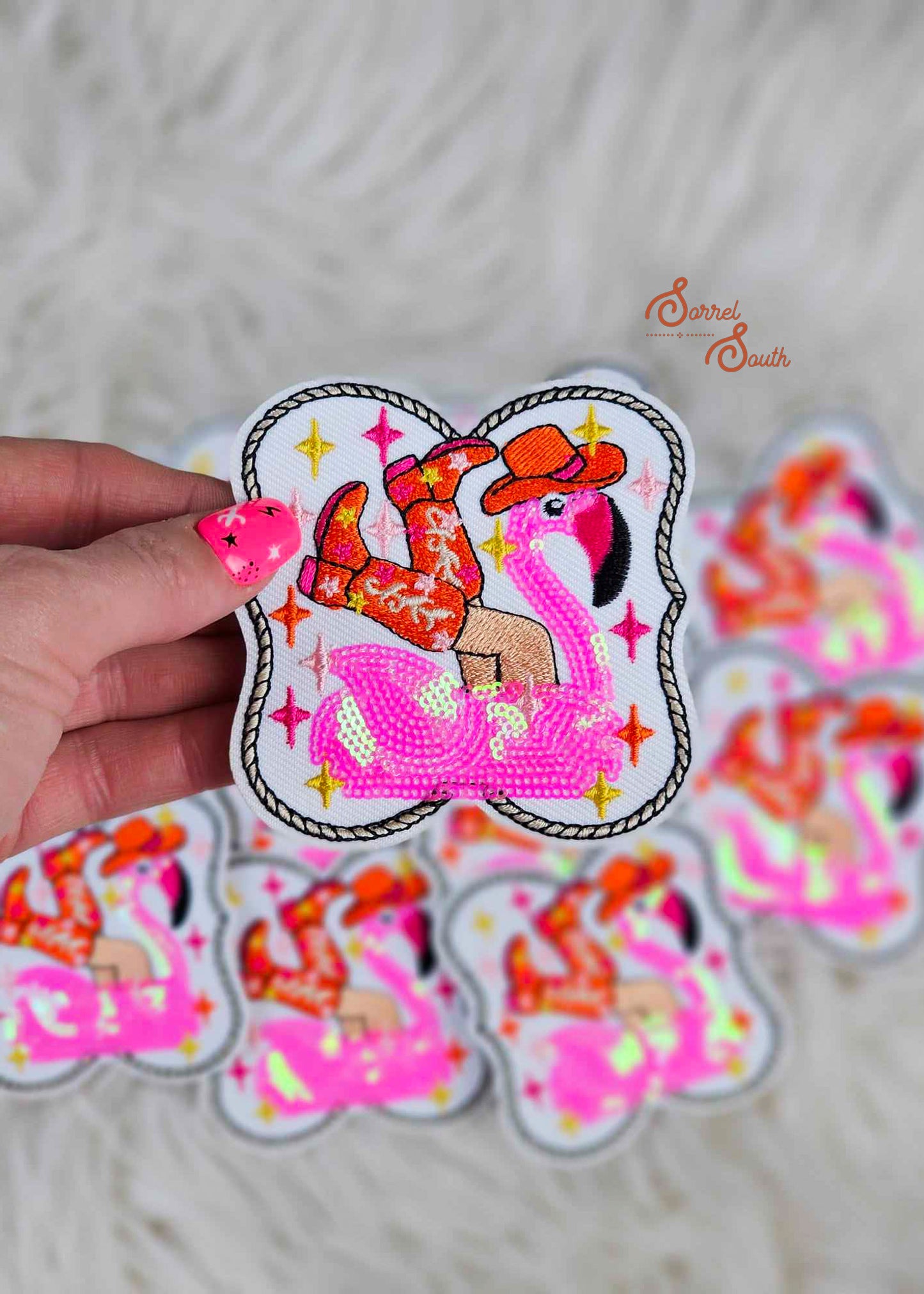 Flamingo Sequin Floatie Patch adhesive patch Sorrel South