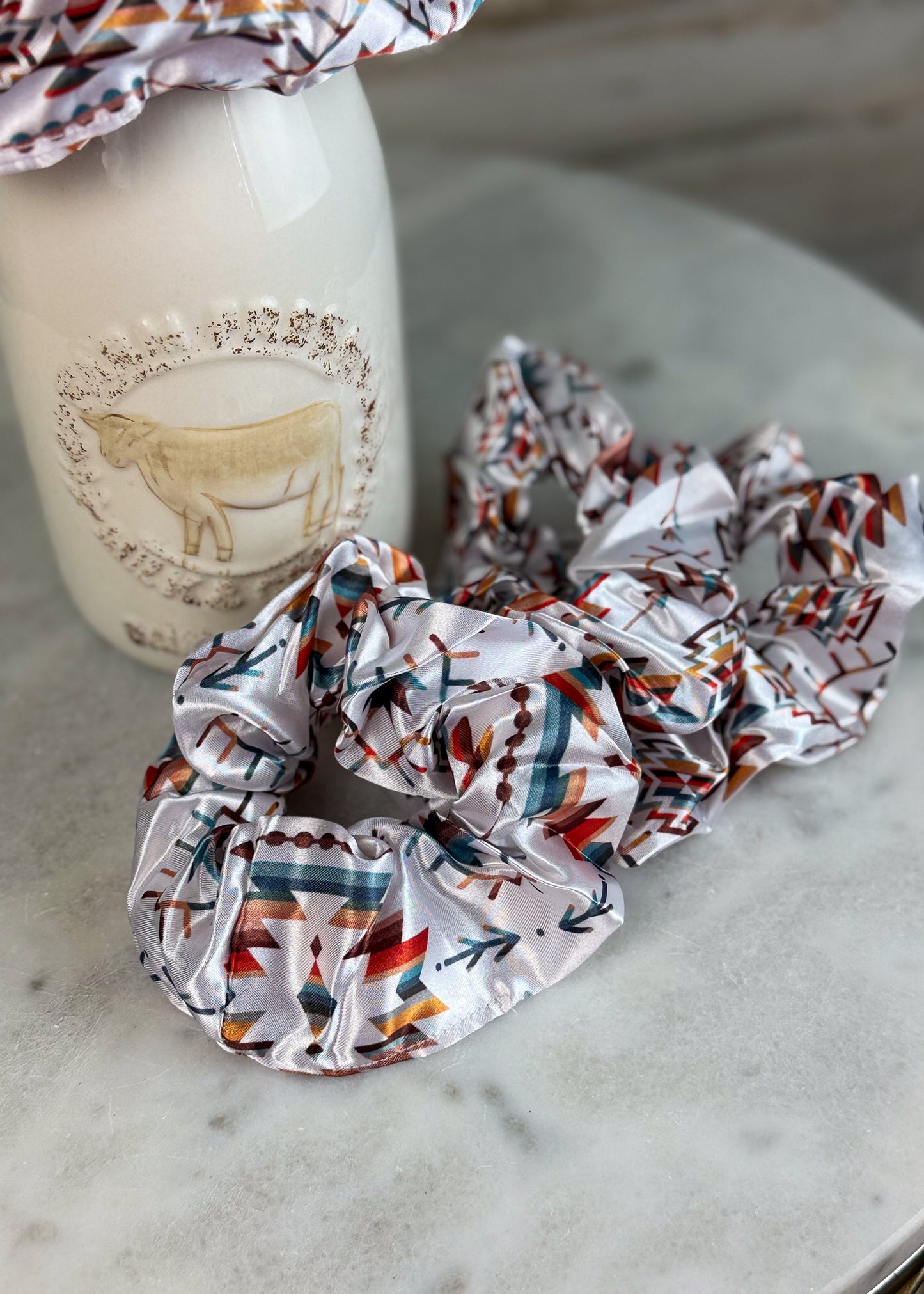 White Aztec Silky Scrunchie