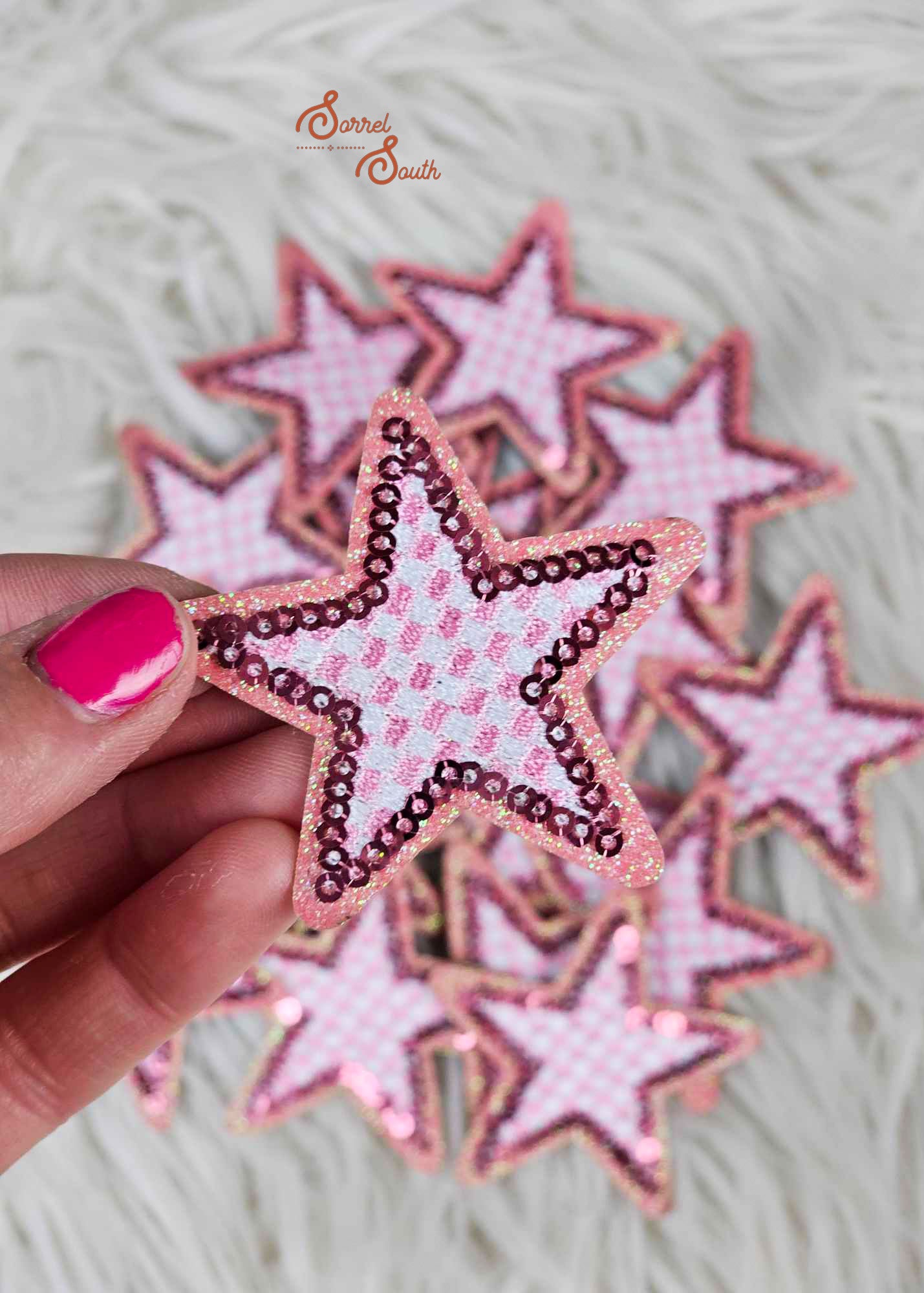 Pink Checkered Glitter & Sequins Star Patch adhesive patch Sorrel South