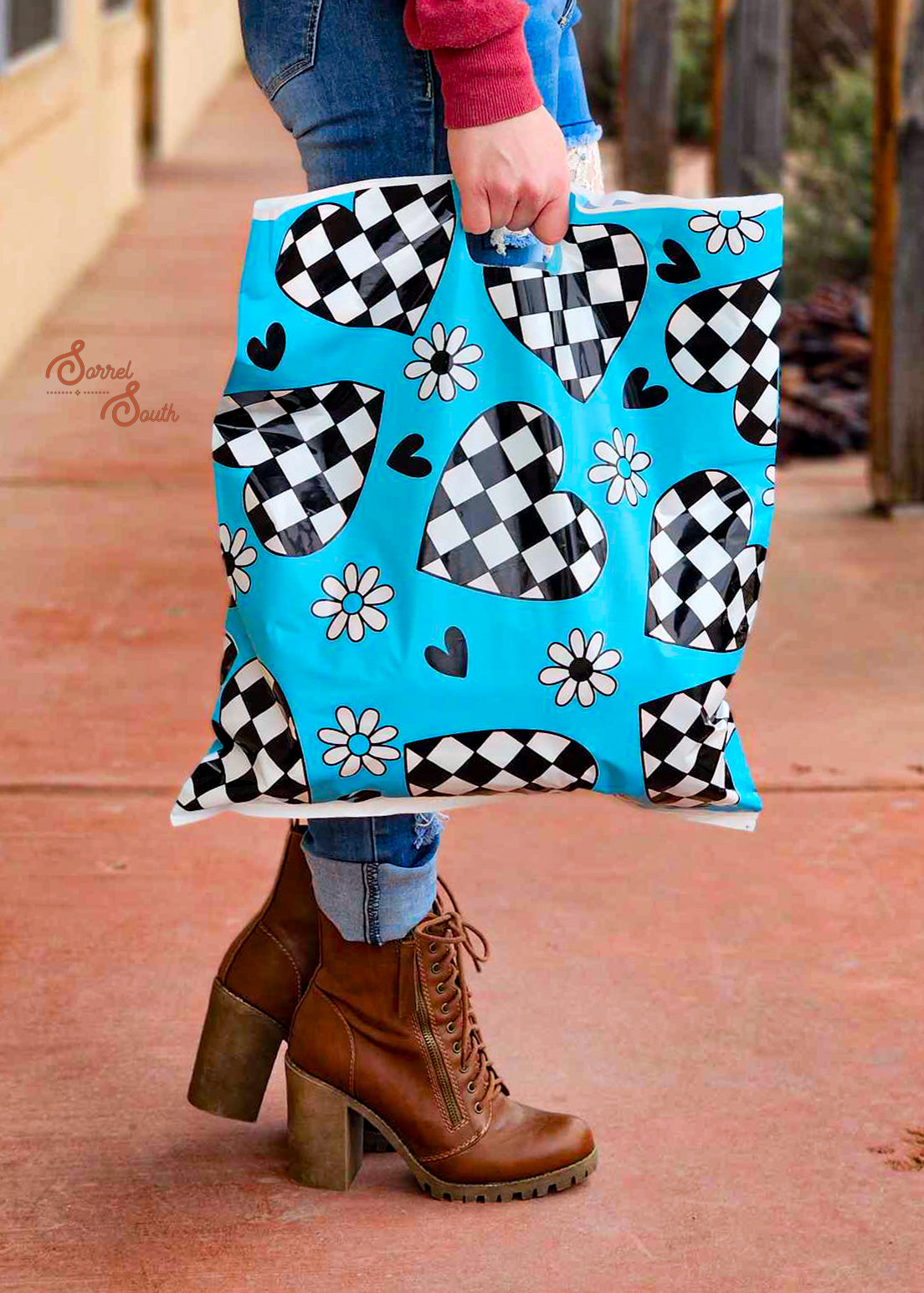 Turquoise Checkered Heart Shopping Bags, western boutique shopping bags