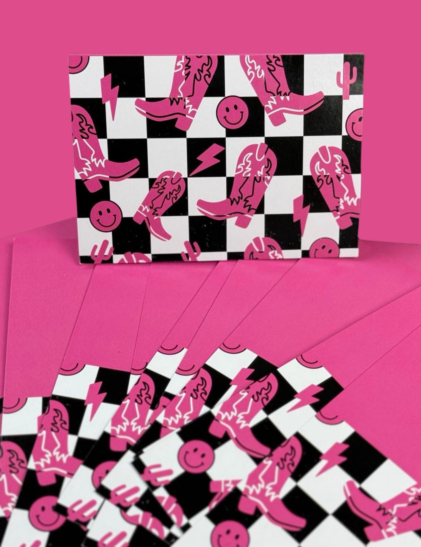Pink & Black Checkered Cowgirl Blank Cards 3.5" x 5"