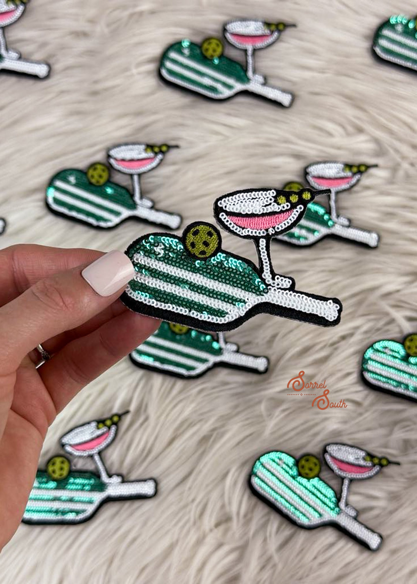 Sequin Pickleball Martini Patch adhesive patch Sorrel South