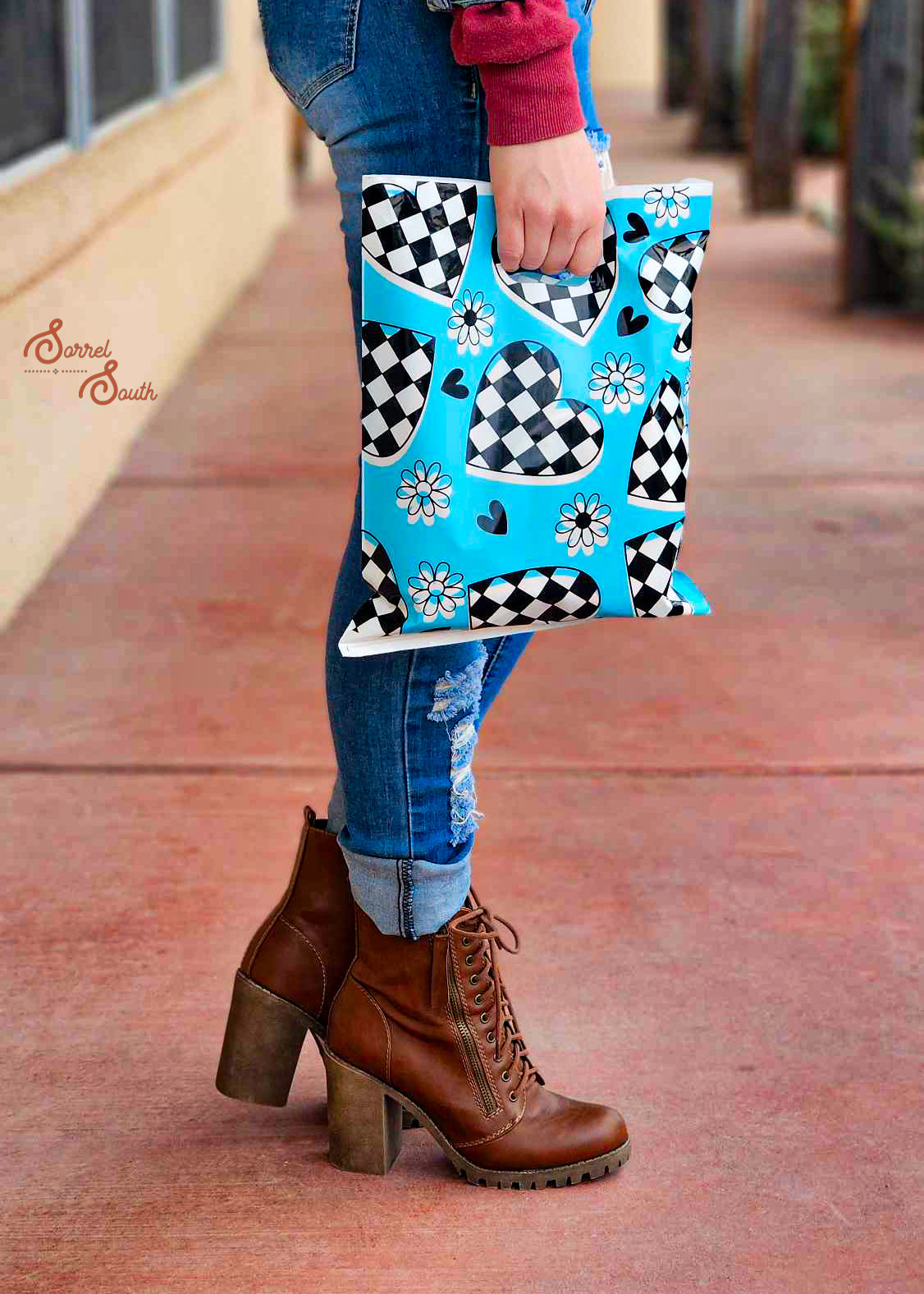 Turquoise Checkered Heart Shopping Bags, western boutique store supplies