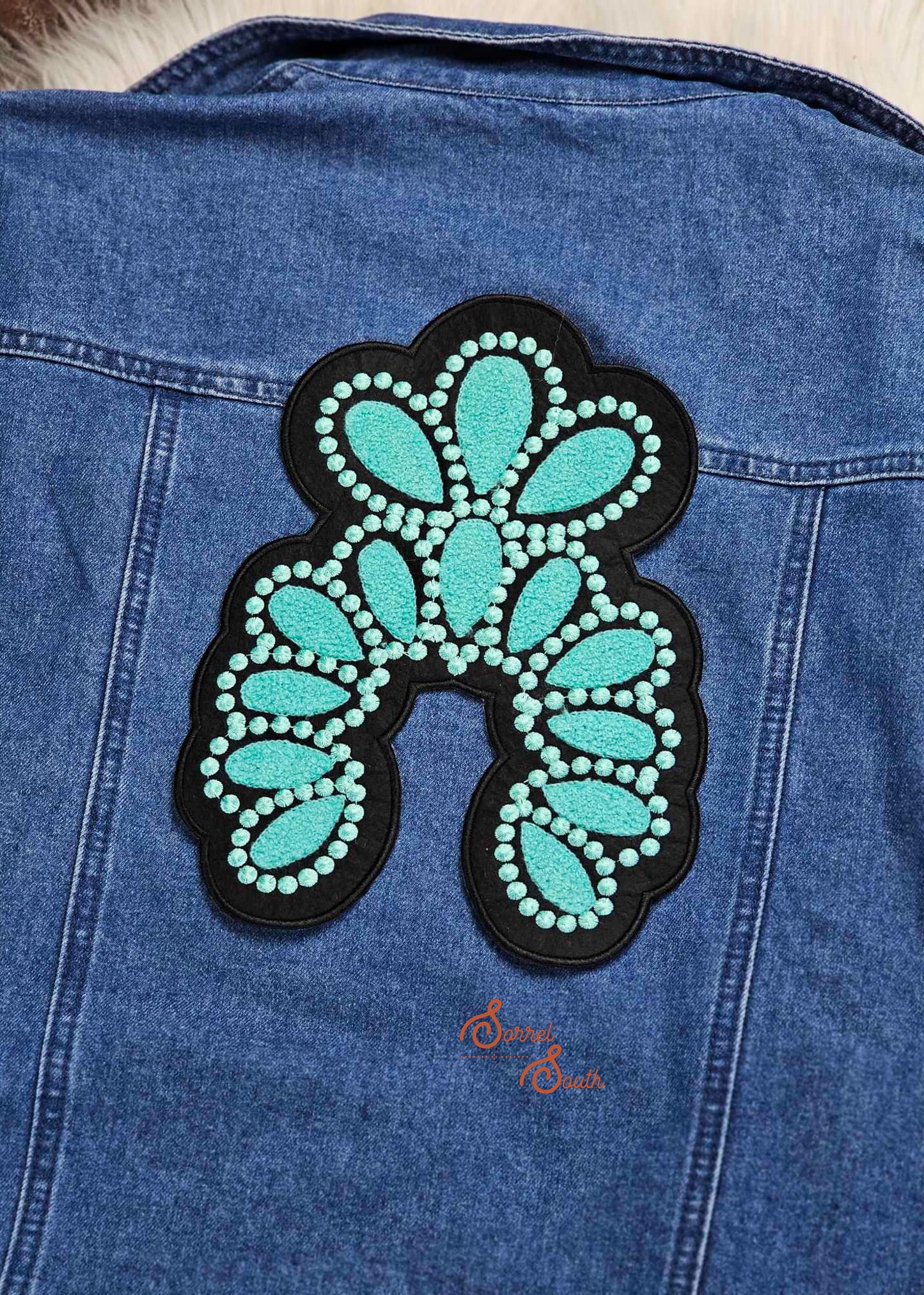 10" LARGE Black & Turquoise Squash Blossom Patch, wholesale iron on patch