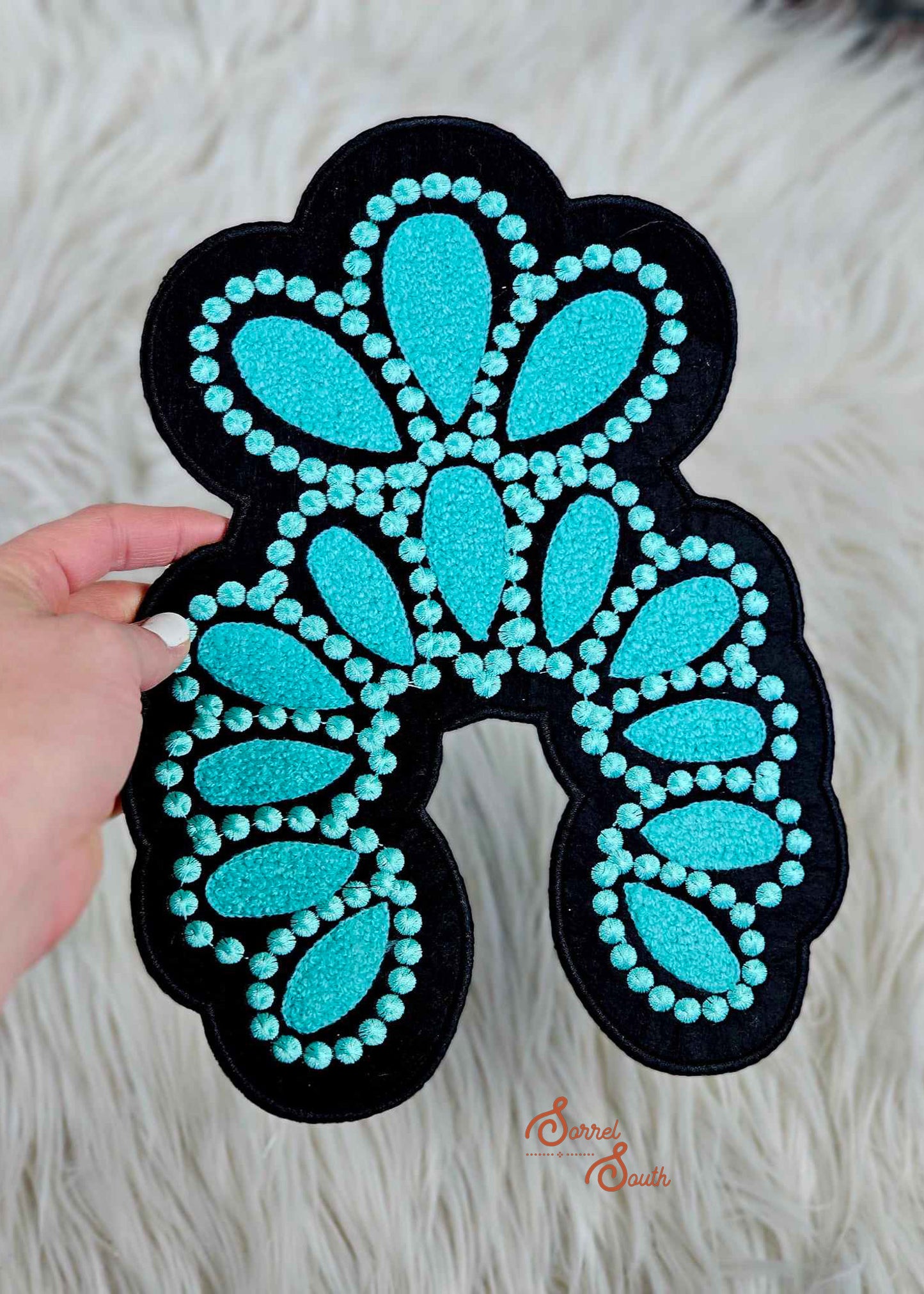 10" LARGE Black & Turquoise Squash Blossom Patch, wholesale iron on patch
