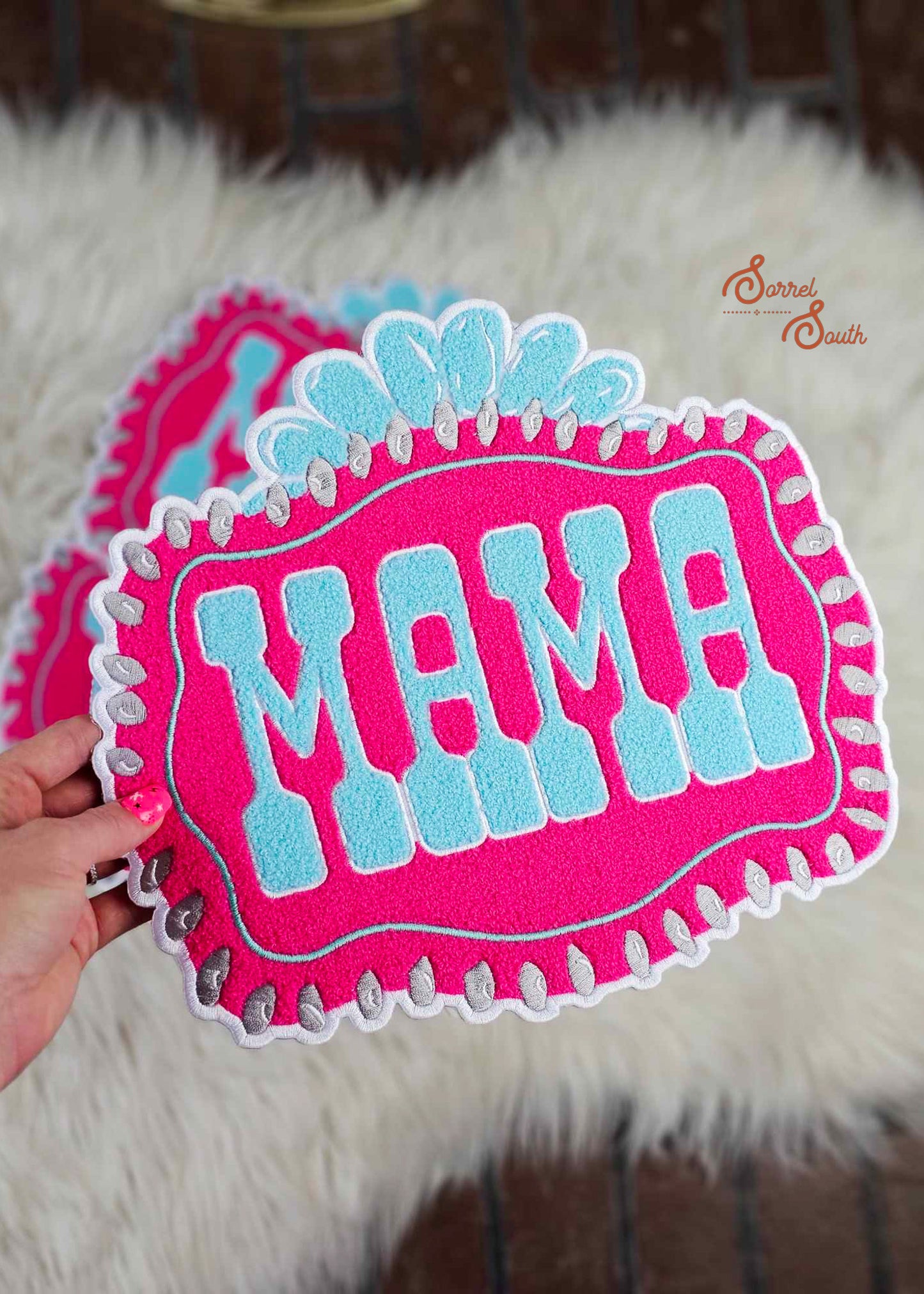 10" LARGE Pink Mama Buckle Patch, western iron on patch