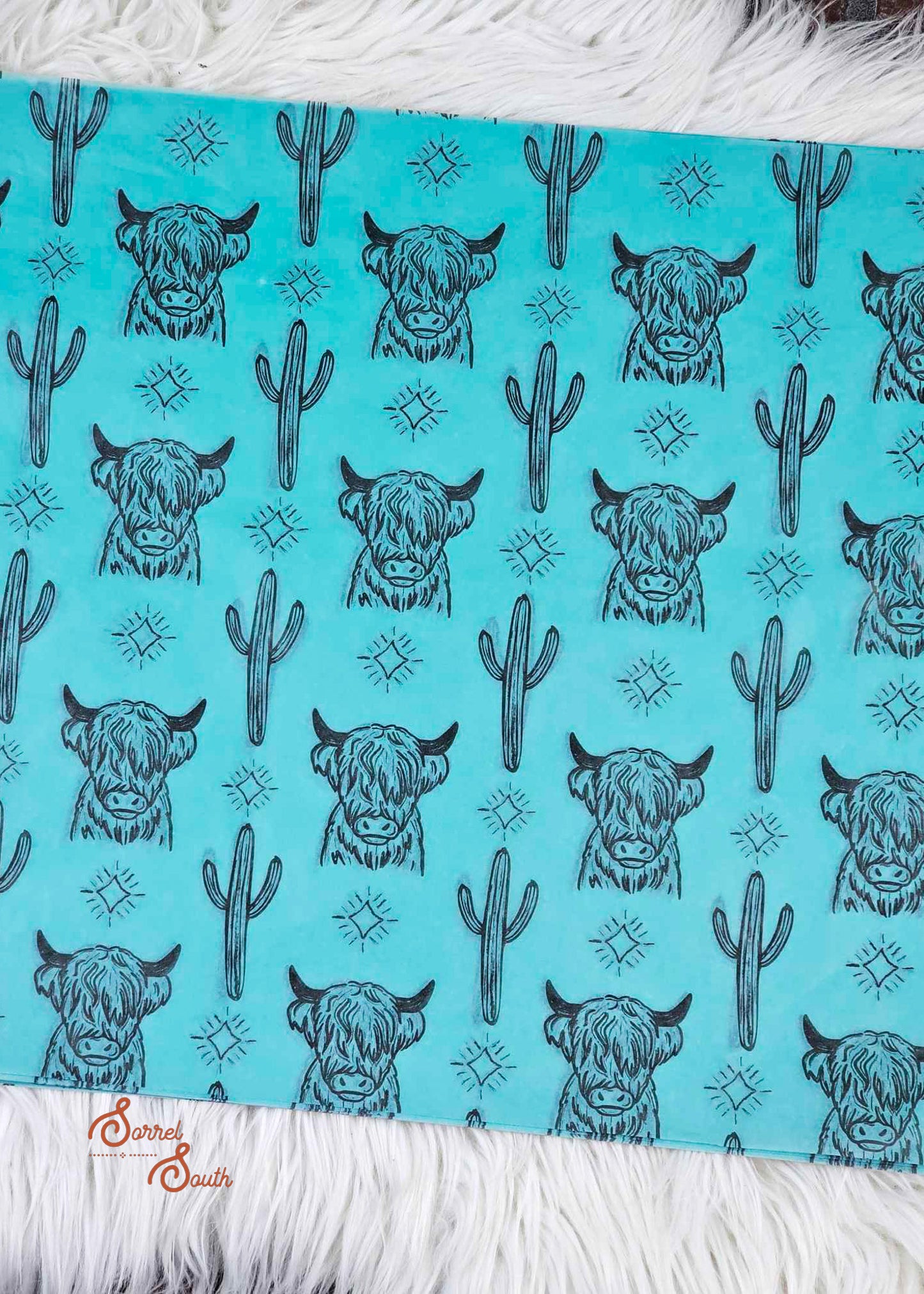 20" x 15" Turquoise Highland Cow Tissue Paper, wholesale western tissue paper