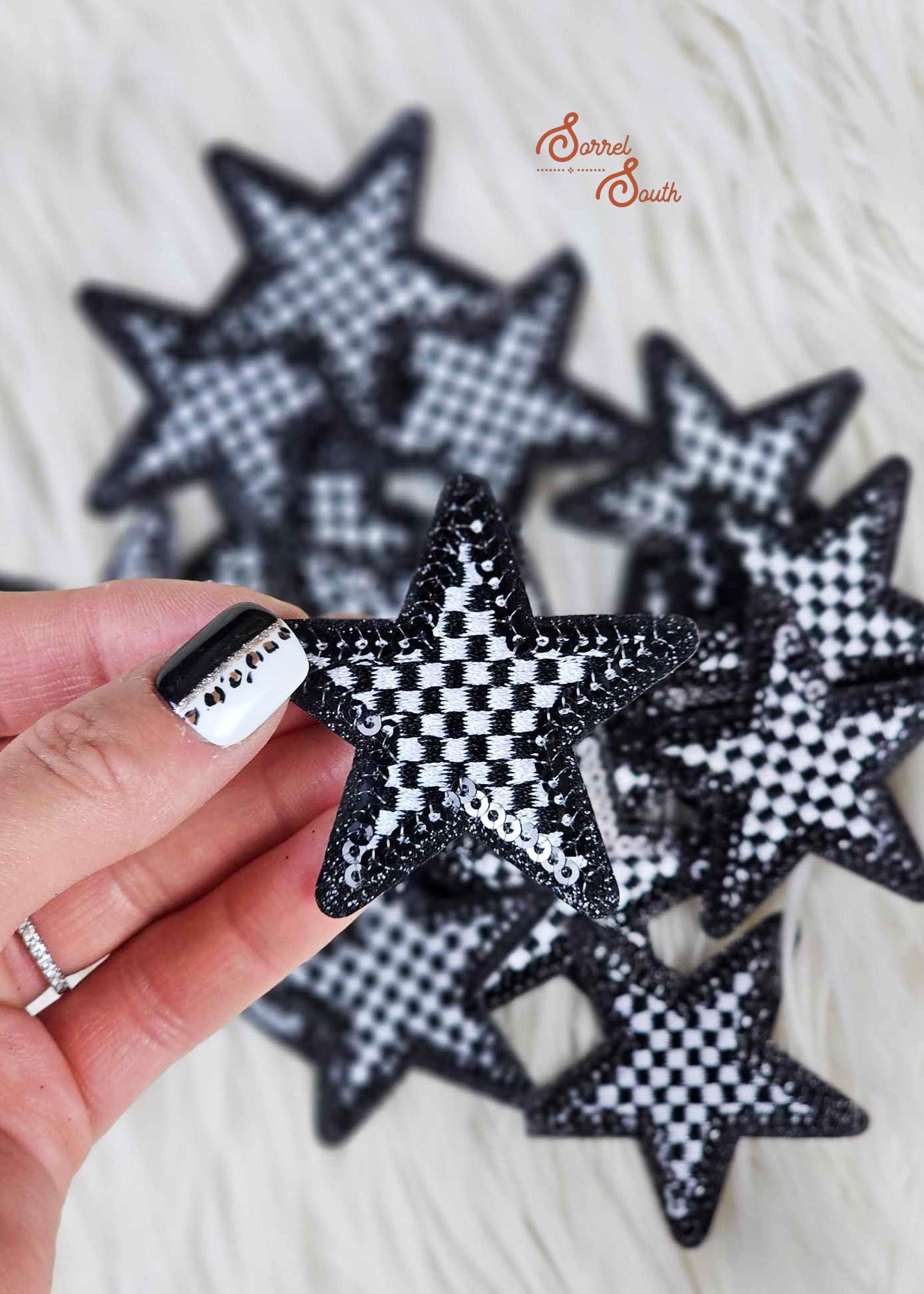 Black Checkered Glitter Star Patch, wholesale iron on patch