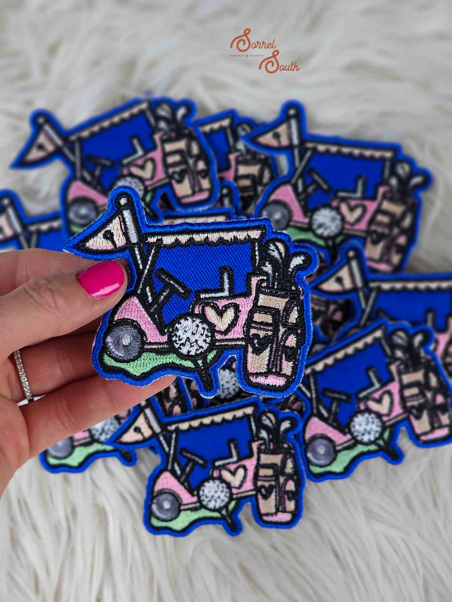 Blue & Pink Golf Cart Patch, wholesale iron on patches, golfing patch