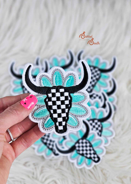 Checkered Skull & Turquoise Patch, wholesale iron on patch