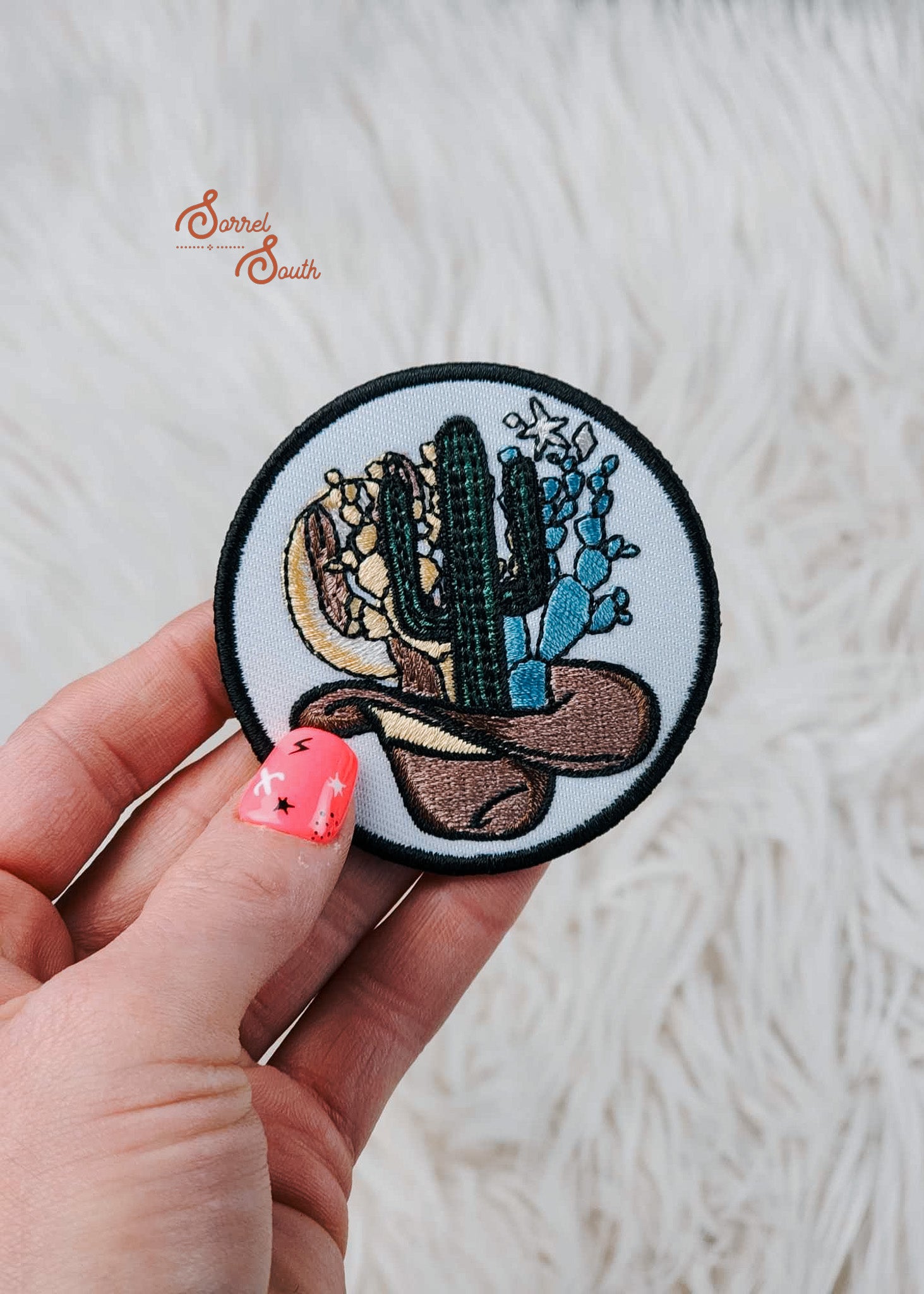 Circle Cowboy Hat Cactus Adhesive Patch, western iron on patches