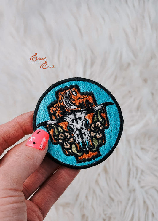 Circle Turquoise Skull Aztec Adhesive Patch, wholesale western patches