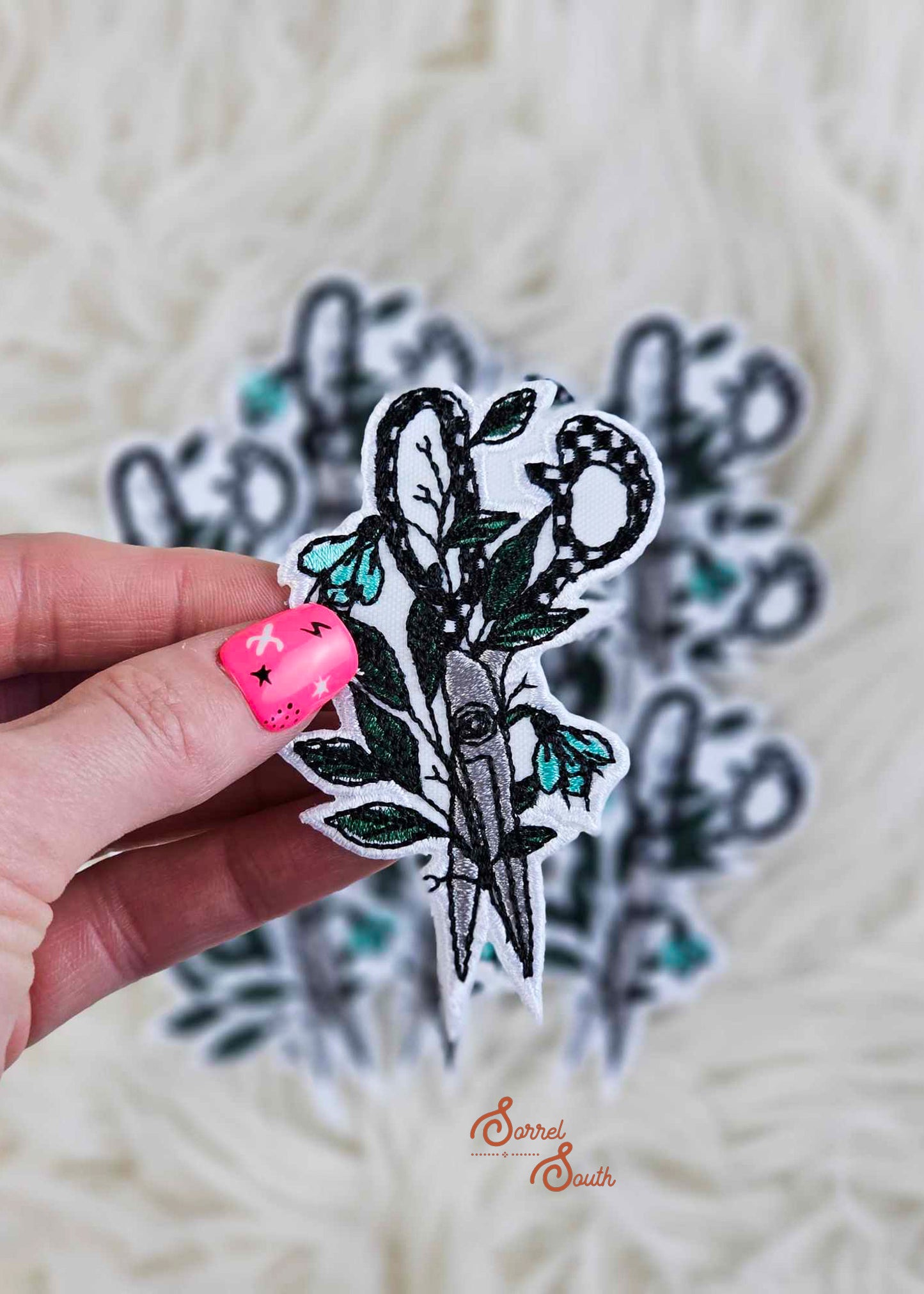 Edgy Floral Hair Stylist Scissors Patch, wholesale iron on patch