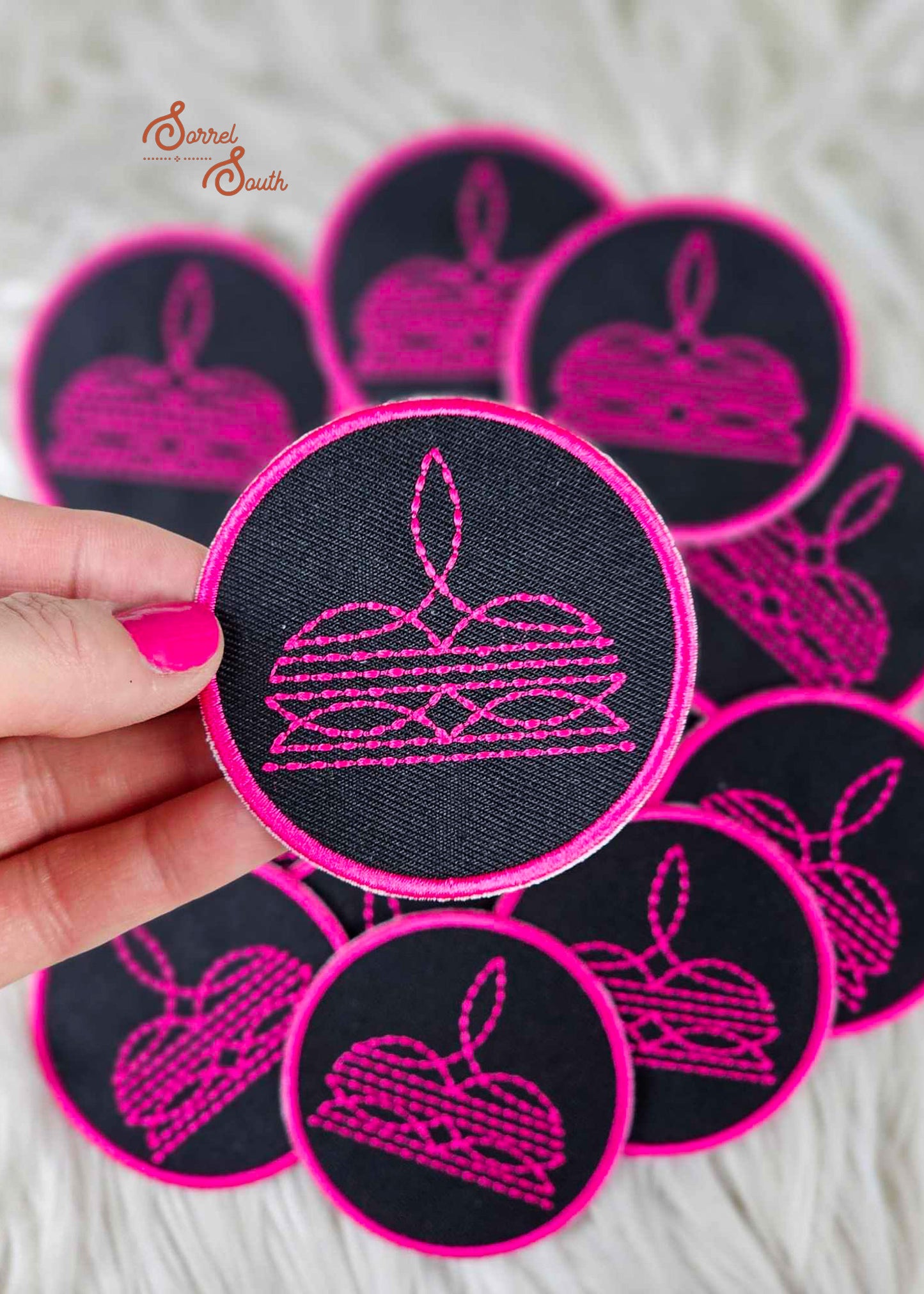 Hot Pink & Black Boot Stitch Patch, wholesale iron on patch