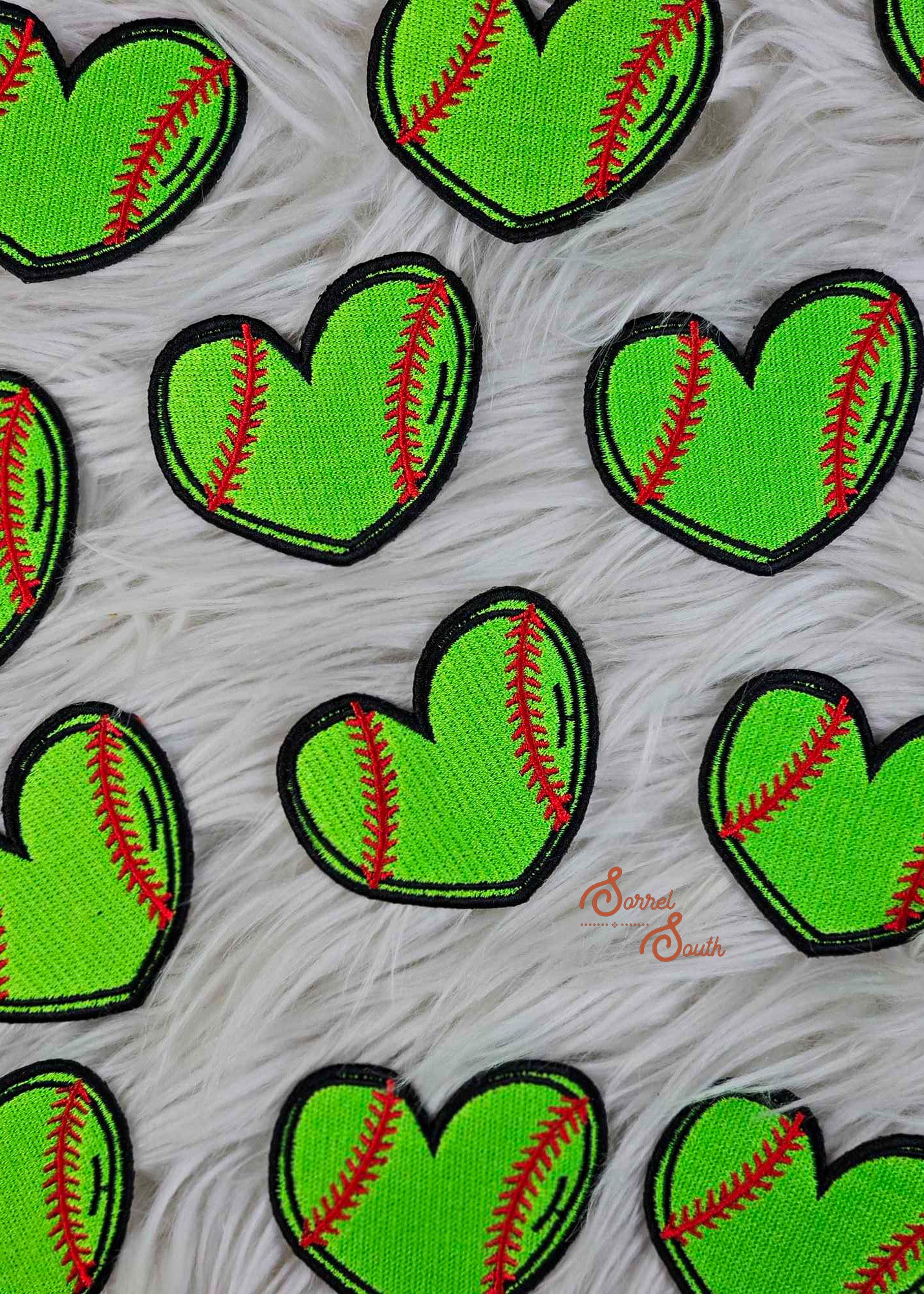 Neon Green Softball Heart Patch, wholesale iron on patch