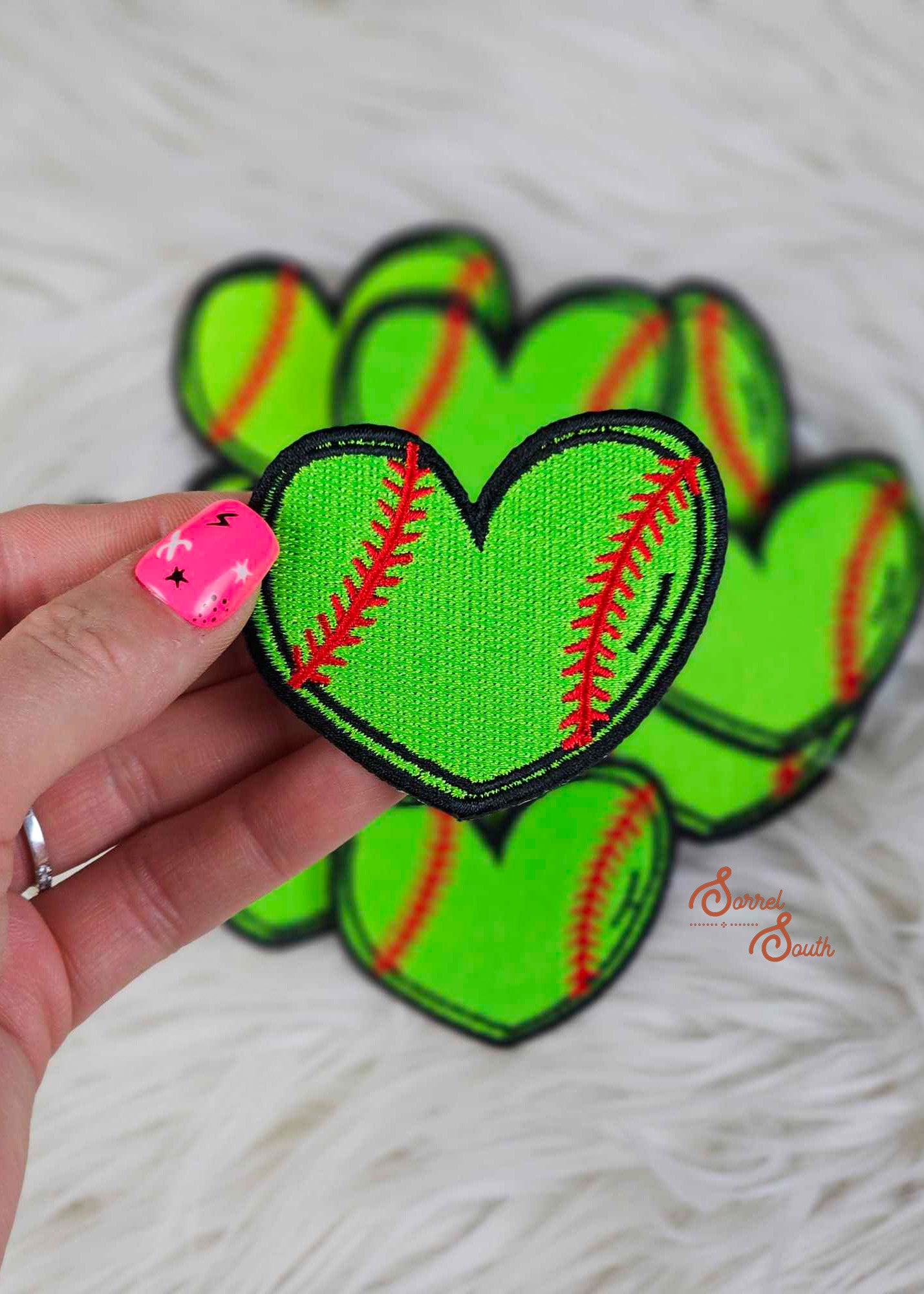 Neon Green Softball Heart Patch, wholesale iron on patch