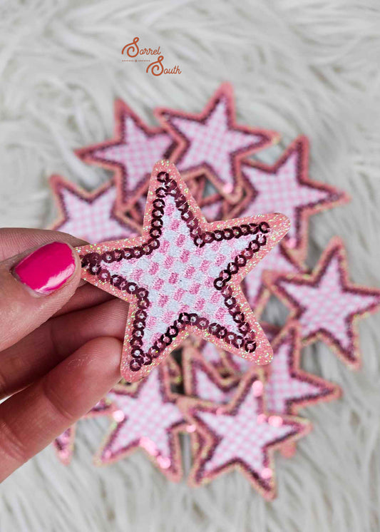 Pink Checkered Glitter & Sequins Star Patch, filler patch