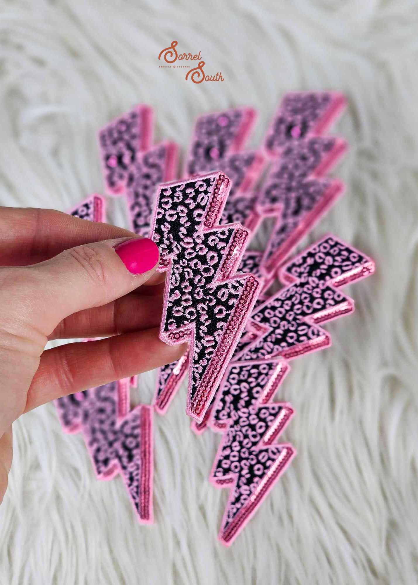 Pink Leopard Sequin Lightning Bolt Patch, wholesale iron on patch