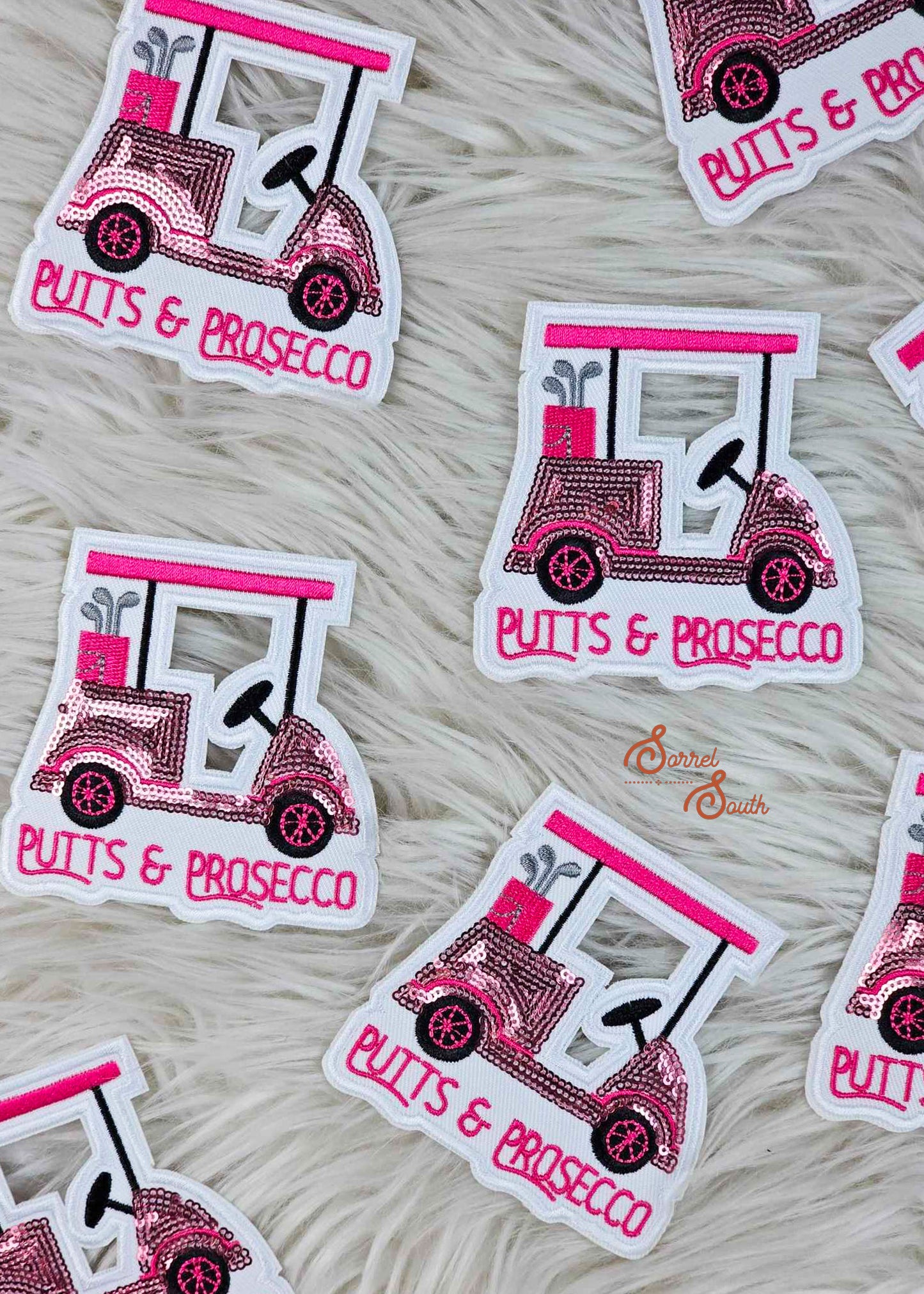 Pink Sequin Putts & Prosecco Patch, iron on patch