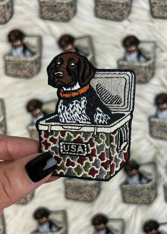 Pointer Hunting Dog Sitting in Cooler Patch adhesive patch Sorrel South