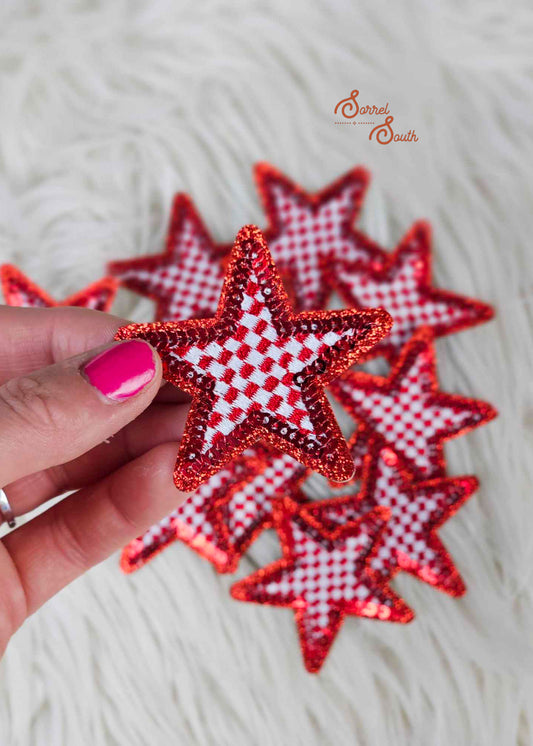 Red Checkered Glitter & Sequins Star Patch, filler patch