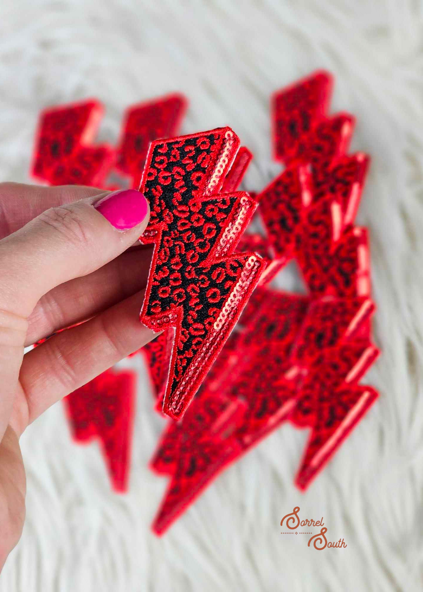 Red Leopard Sequin Lightning Bolt Patch