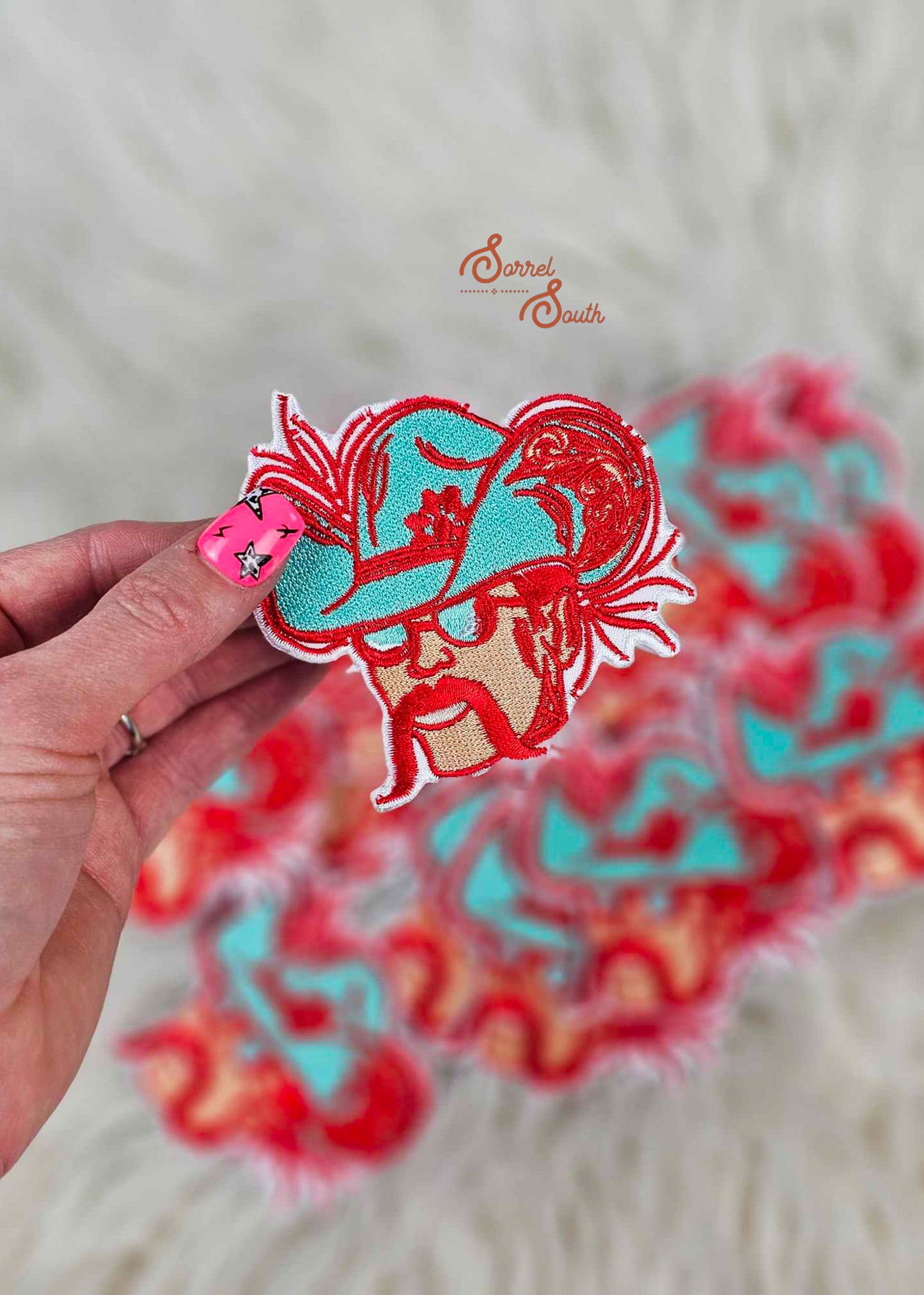 Red & Turquoise Edgy COWBOY Patch, western iron on patches