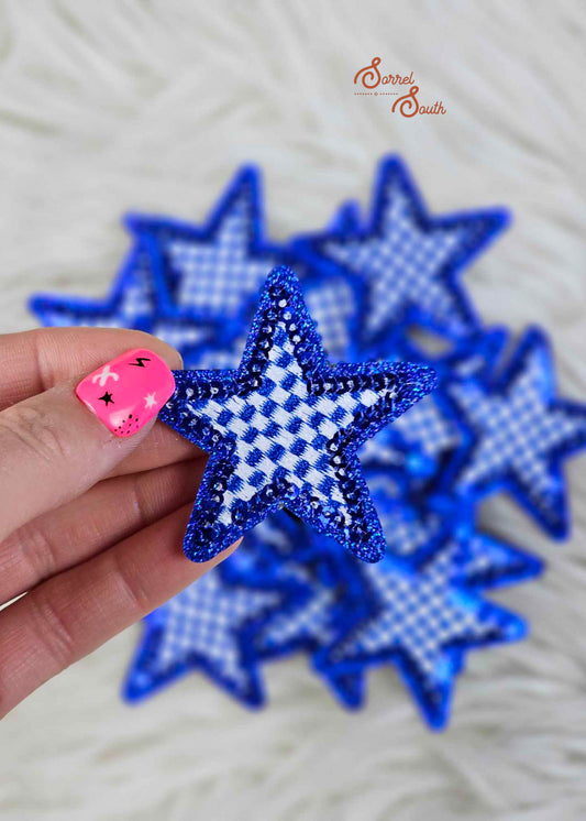 Royal Blue Checkered Glitter Star Patch, wholesale iron on patch
