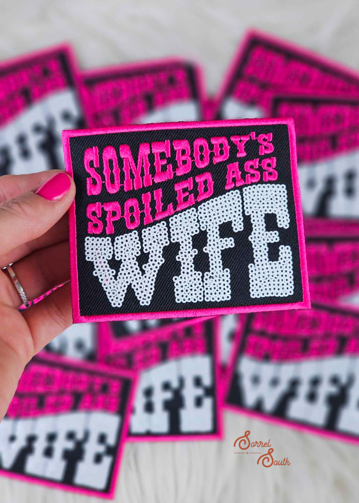 Sequin Black & Pink Spoiled Wife Patch, wholesale iron on patch