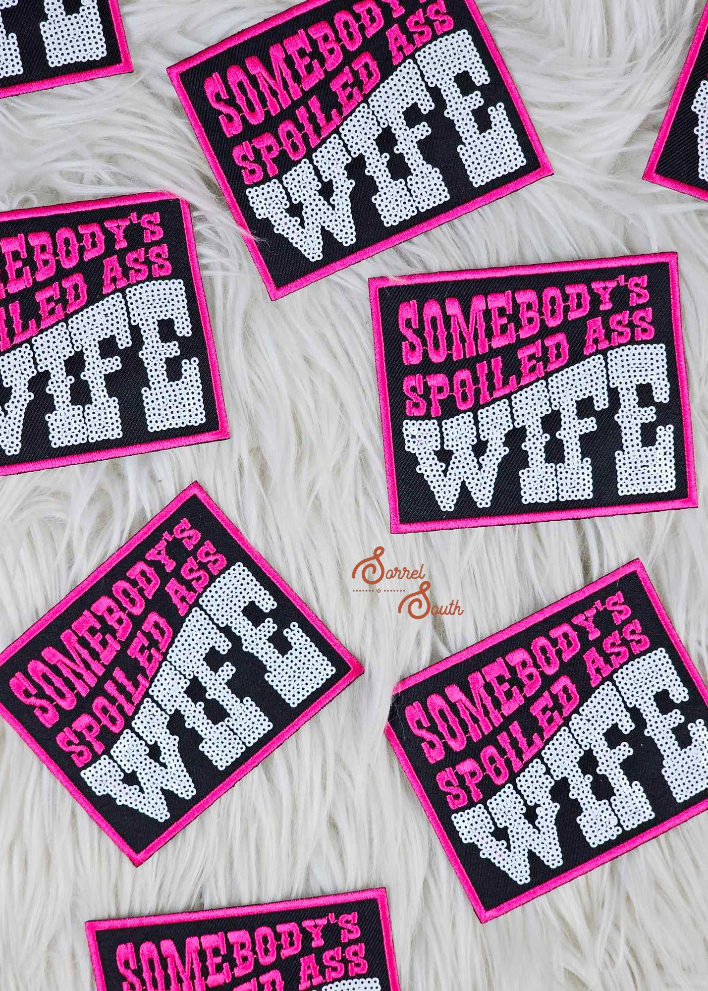 Sequin Black & Pink Spoiled Wife Patch, wholesale iron on patch