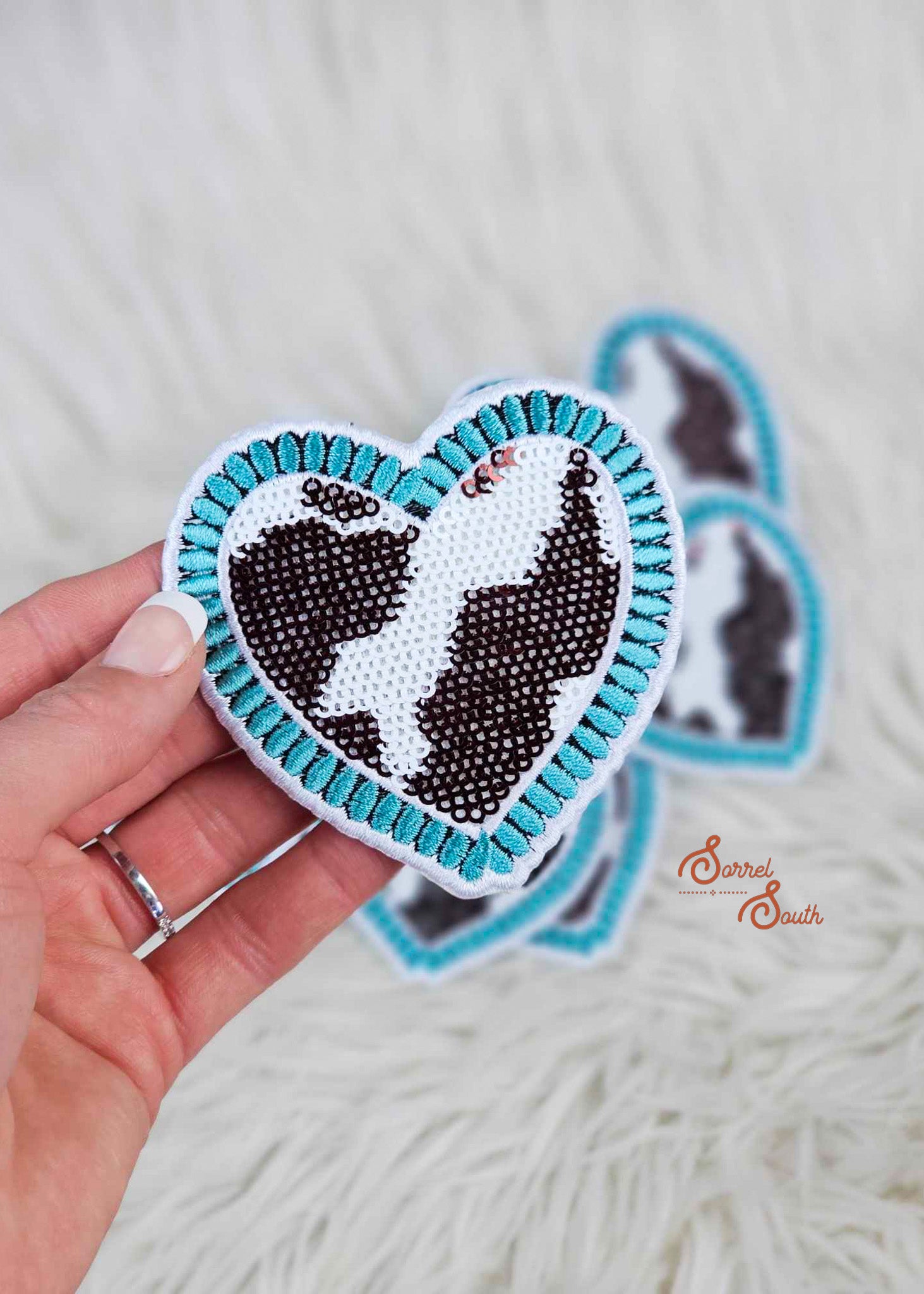 Sequin Cowprint Heart Patch, wholesale iron on patches