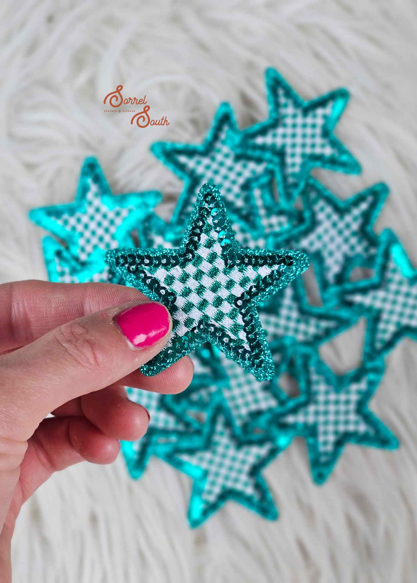 Teal Checkered Glitter & Sequins Star Patch, filler patches