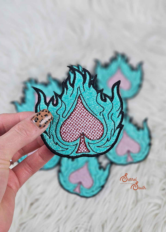 Turquoise Flame Spade Patch, wholesale western iron on patch