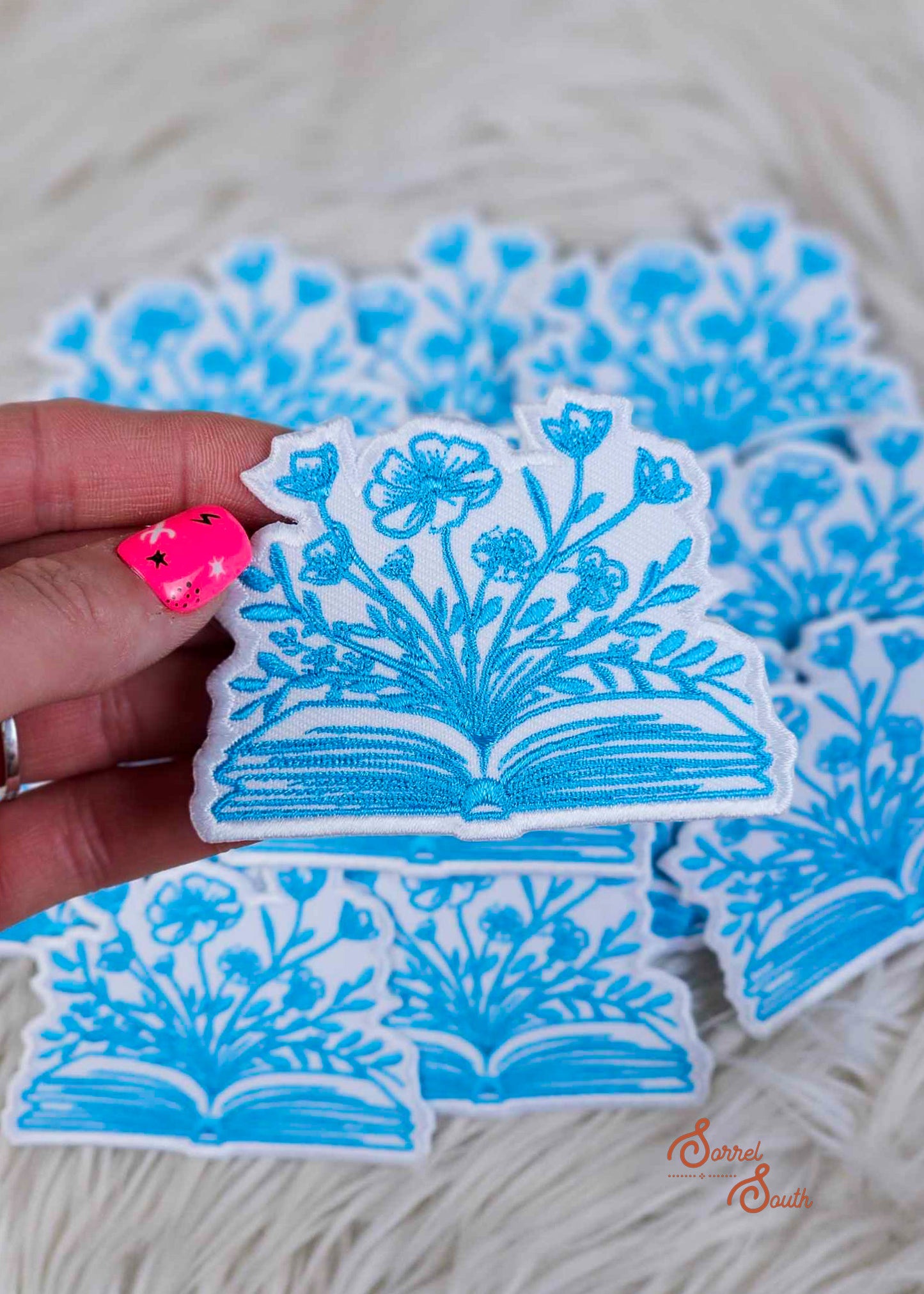 Turquoise Floral Book Patch, iron on patch