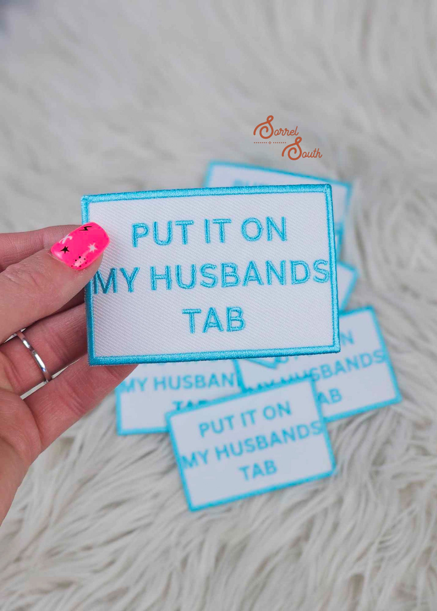 Turquoise Husbands Tab Patch, iron on patches