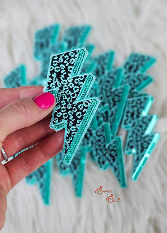 Turquoise Leopard Sequin Lightning Bolt Patch, wholesale iron on patch