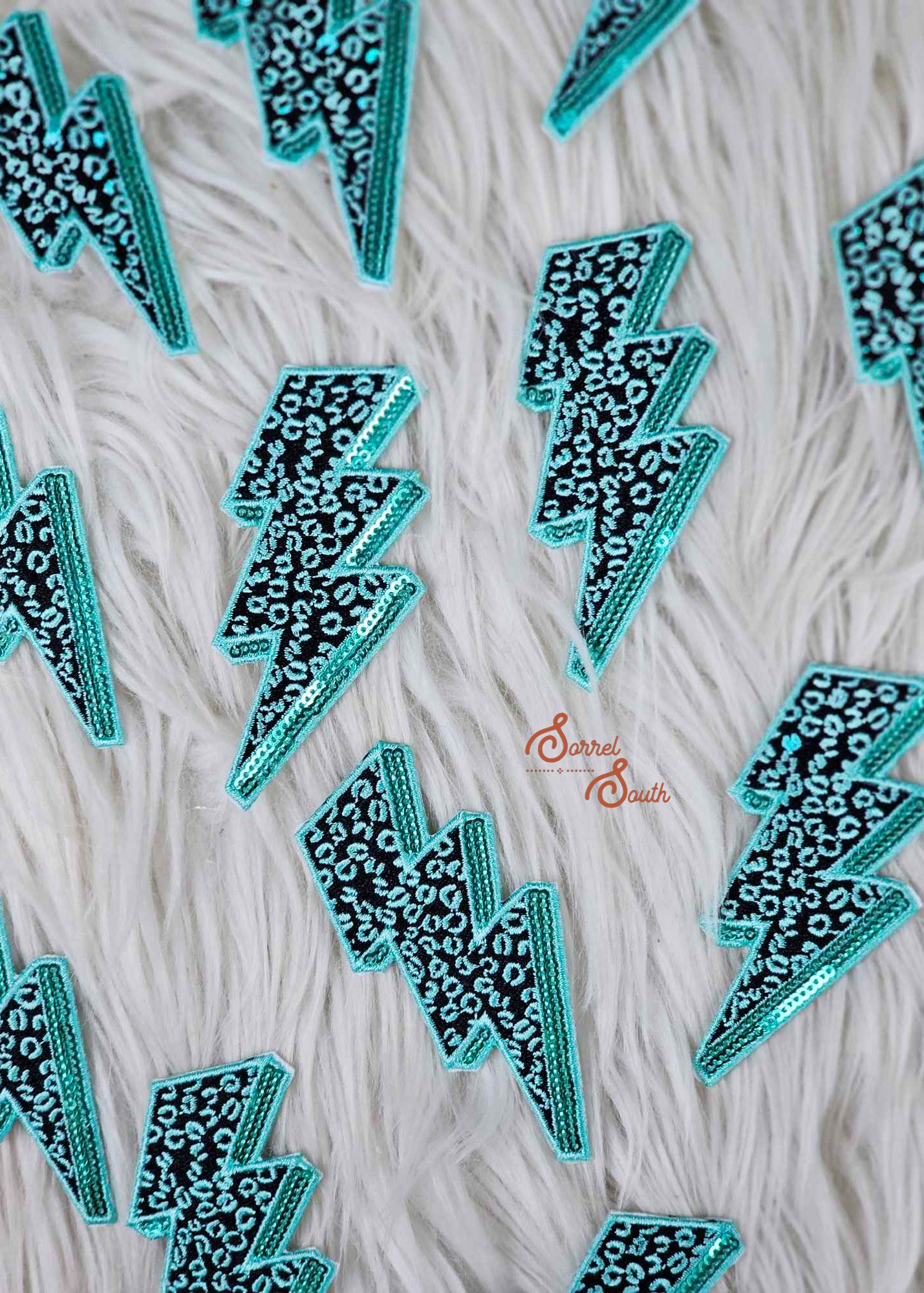 Turquoise Leopard Sequin Lightning Bolt Patch, wholesale iron on patch