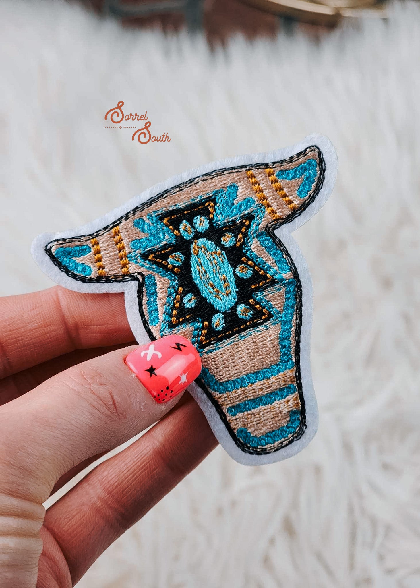 Turquoise Stone Steer Skull Adhesive Patch, iron on western patches