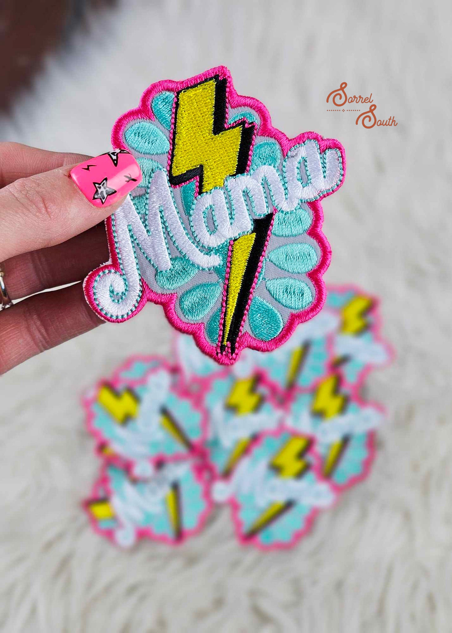 Turquoise & Pink Lightning Bolt Mama Patch, iron on patches