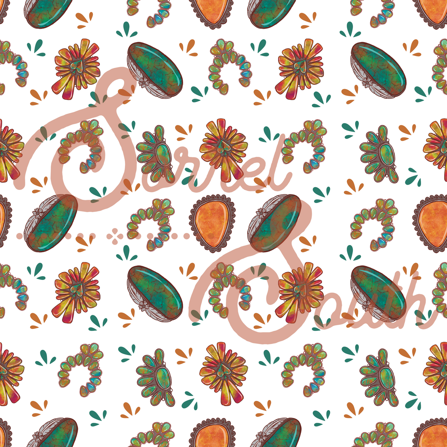 Turquoise Stones Seamless Pattern  - White Background