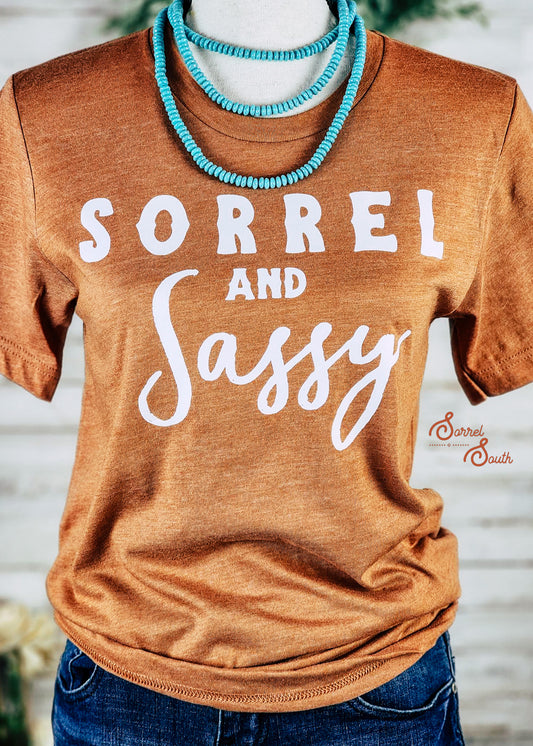 autumn colored wholesale horse graphic tee with text sorrel & sassy