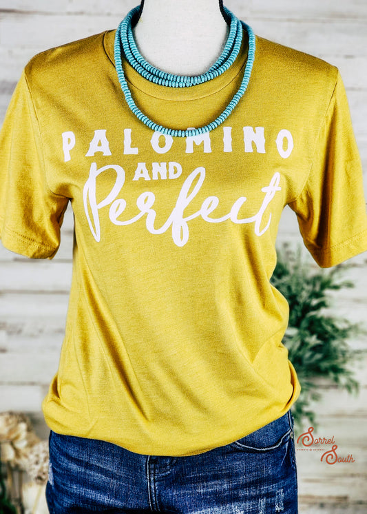 wholesale horse graphic tees, mustard color with white palomino and perfect text, shown on mannequin with turquoise necklace