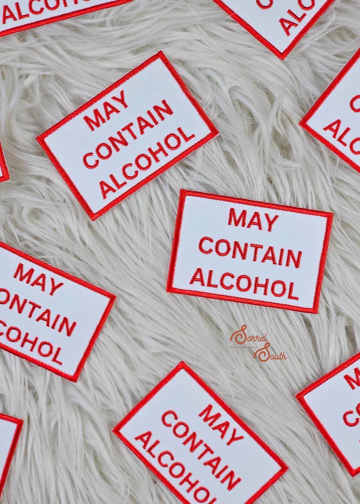 Red & White May Contain Alcohol Patch, wholesale iron on patch