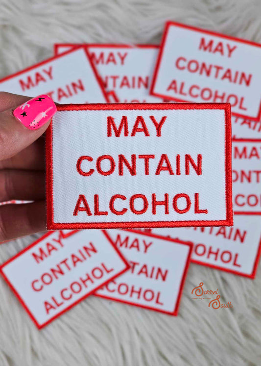 Red & White May Contain Alcohol Patch, wholesale iron on patch