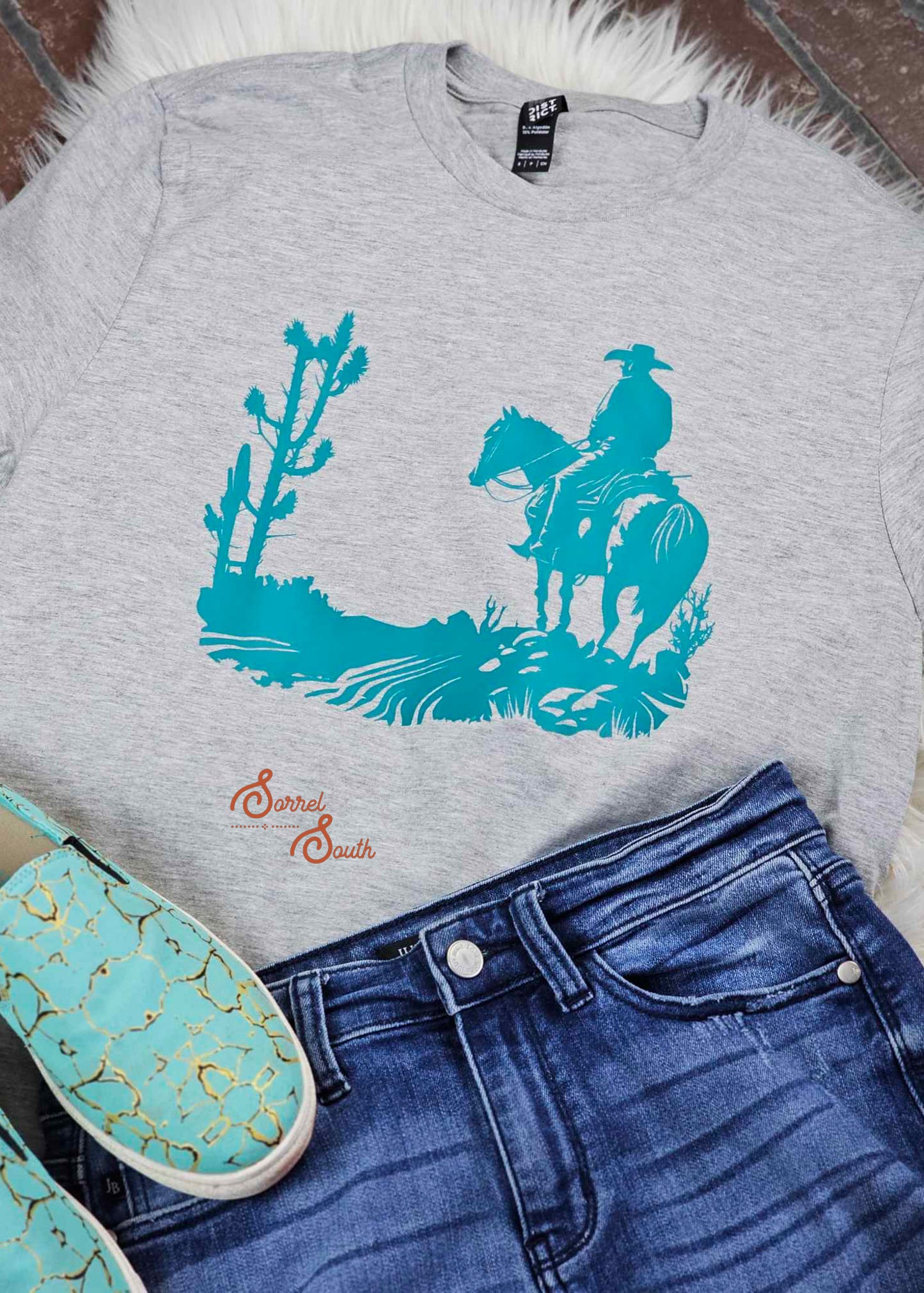 Teal Cowboy Scene Screenprint Transfer