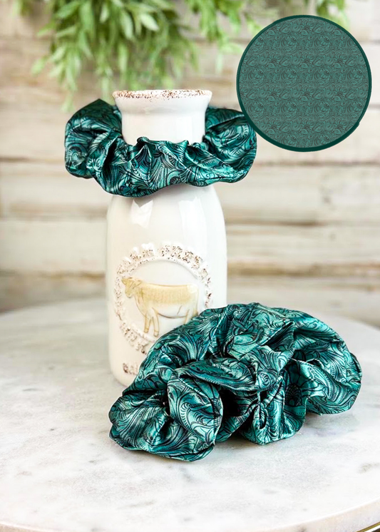 Teal Tooled Silky Scrunchie