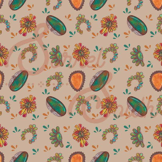 Turquoise Stones Seamless Pattern  - Tan Background